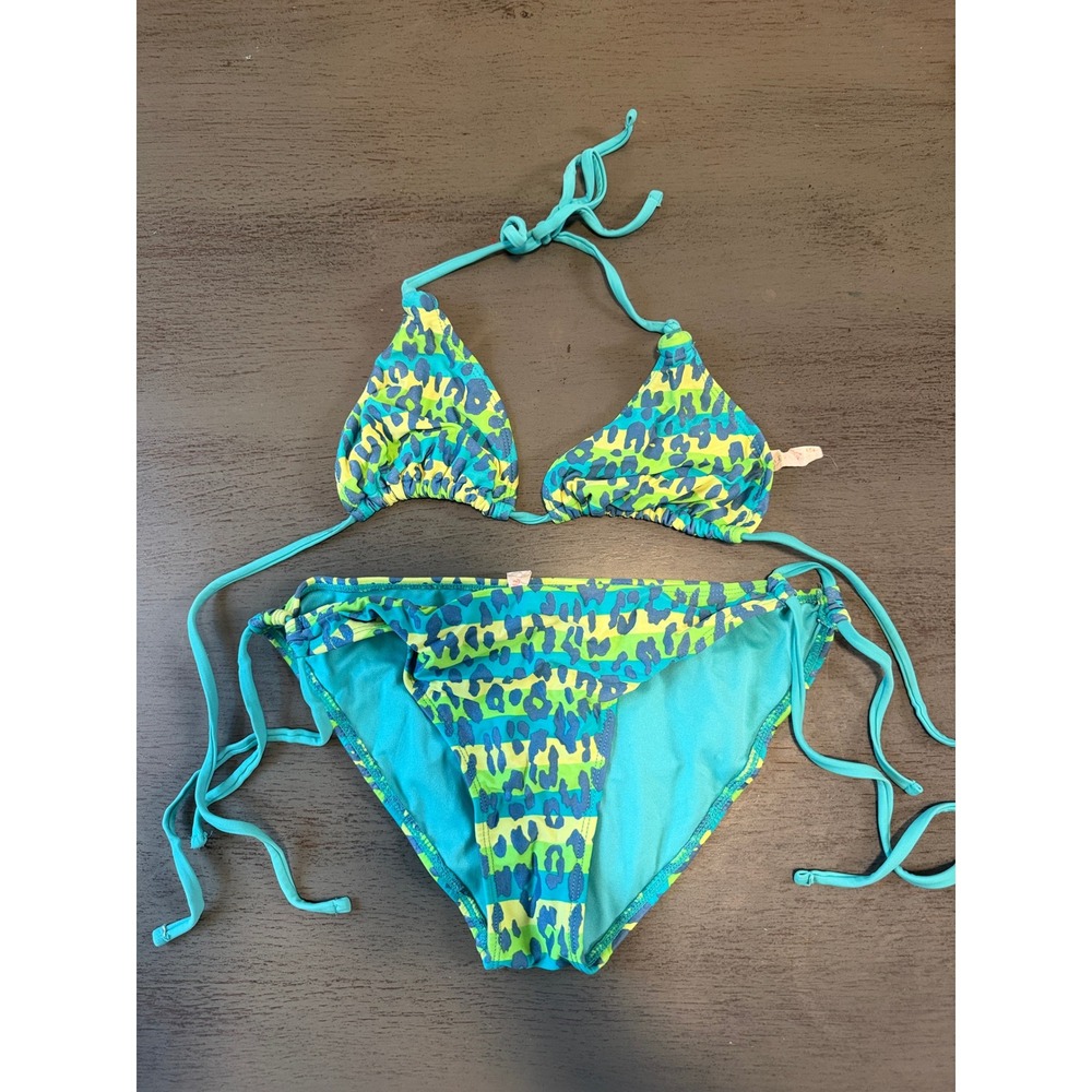 Inmocean Womens Neon Leopard Print Triangle Bikini Set Turquoise Lime Blue L